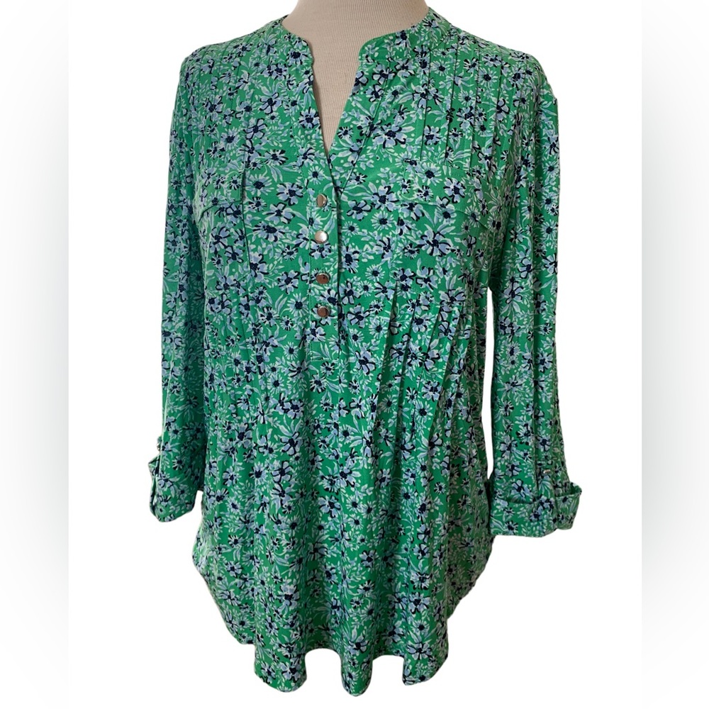 COCOMO green floral 3/4 sleeve women's Pintuck tunic Blouse LARGE